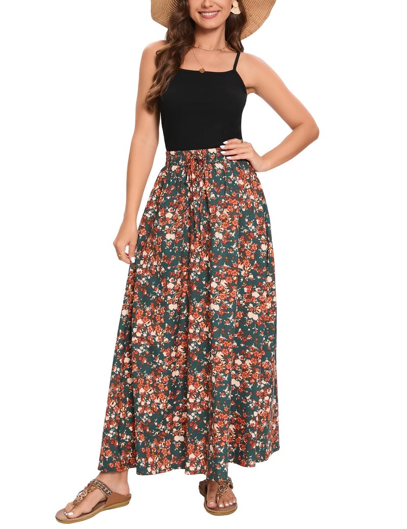 Bluetime Women Flowy Long Skirts Summer Beach Pleated Elastic High Waisted Casual Maxi Skirts (S, Floral25) - Image 3