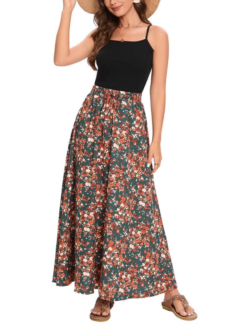Bluetime Women Flowy Long Skirts Summer Beach Pleated Elastic High Waisted Casual Maxi Skirts (S, Floral25) - Image 2