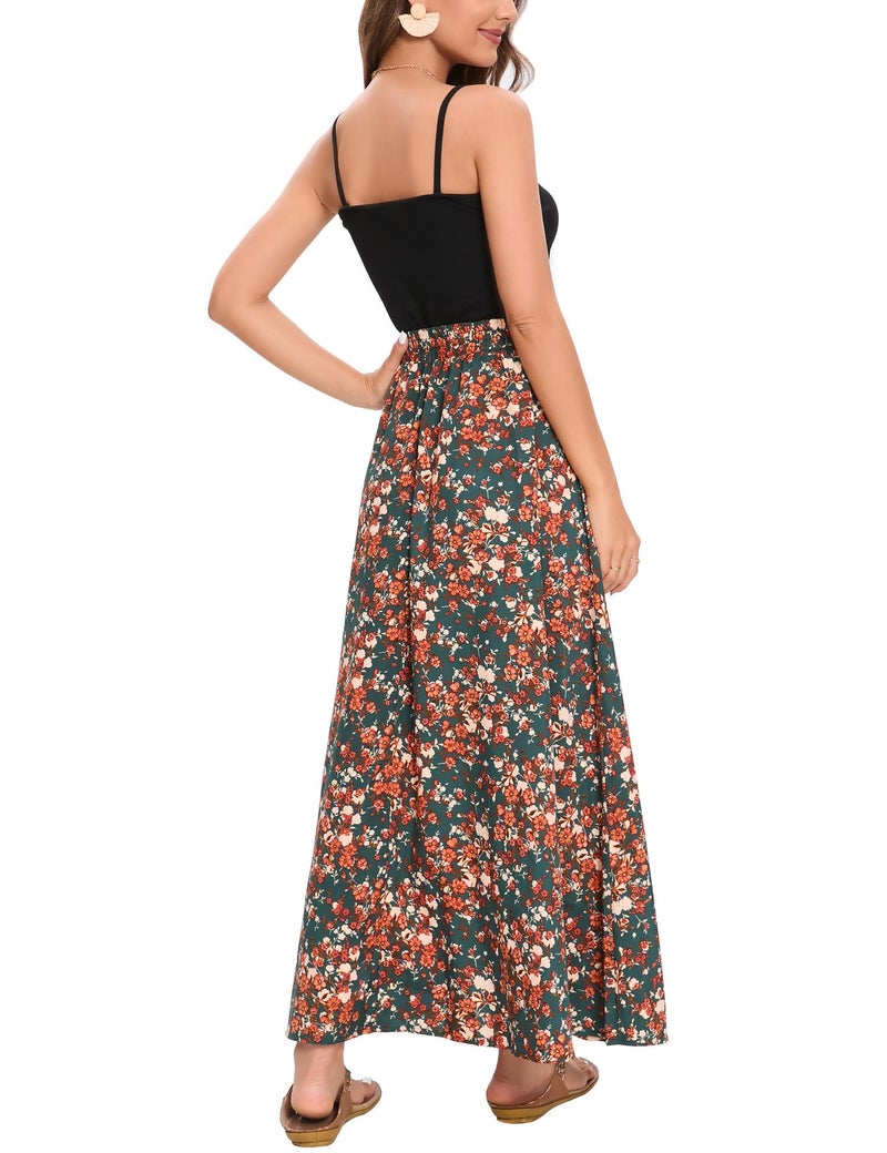 Bluetime Women Flowy Long Skirts Summer Beach Pleated Elastic High Waisted Casual Maxi Skirts (S, Floral25) - Image 5