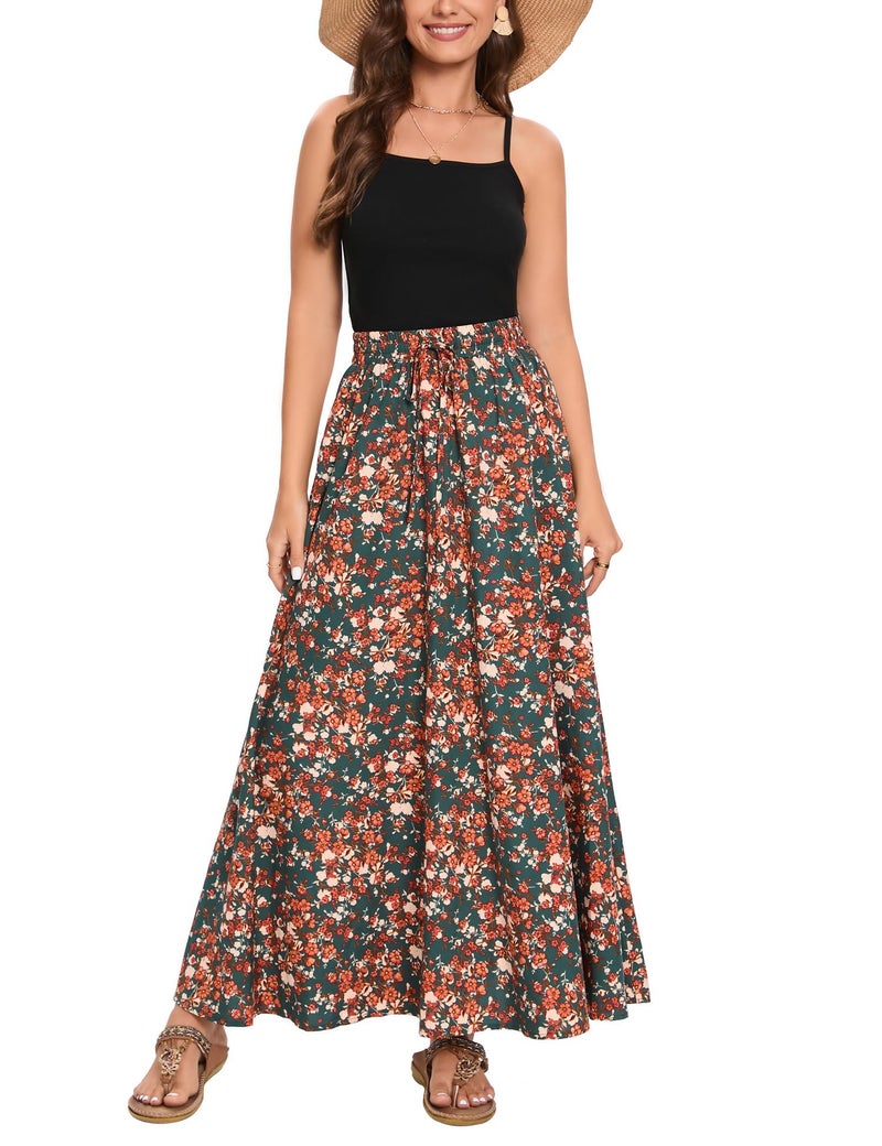 Bluetime Women Flowy Long Skirts Summer Beach Pleated Elastic High Waisted Casual Maxi Skirts (S, Floral25) - Image 4