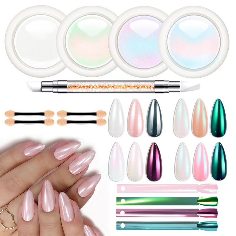modelones Chrome Nail Powder Pearl Chrome Powder for Nail Magic White Glazed Chrome Nail Powder Mirror Effect Holographic Aurora Iridescent Pearlescent Manicure for 3D Sculpting Nail Art 4 Colors - Image 1