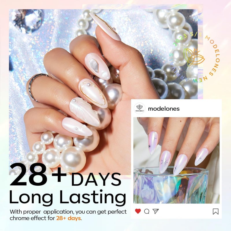 modelones Chrome Nail Powder Pearl Chrome Powder for Nail Magic White Glazed Chrome Nail Powder Mirror Effect Holographic Aurora Iridescent Pearlescent Manicure for 3D Sculpting Nail Art 4 Colors - Image 4