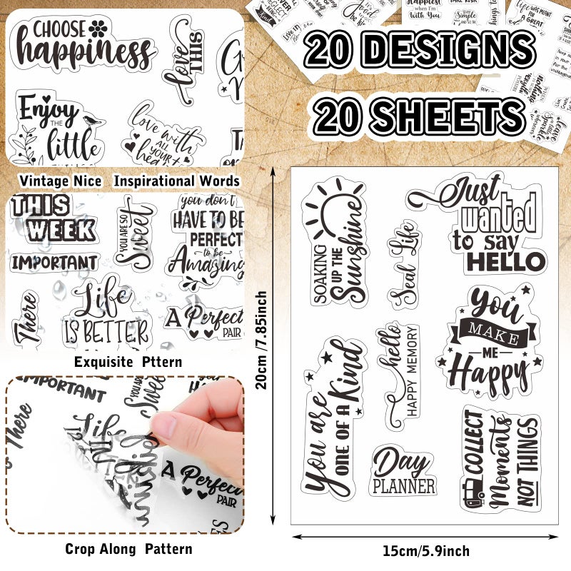 Tudomro 20 Sheets Different Transparent Scrapbook Stickers Vintage Words Inspirational Scrapbooking Motivational Stickers Sweet Happiness for Water Bottles Laptops - Image 3