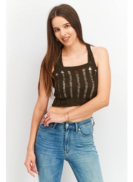 Women Square Neck Sleeveless Cropped Top, Dark Brown