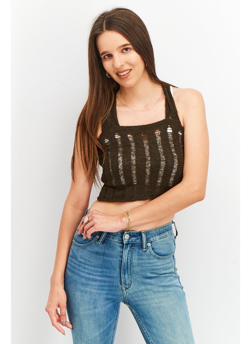 NA-KD - Women Square Neck Sleeveless Cropped Top, Dark Brown - Image 1