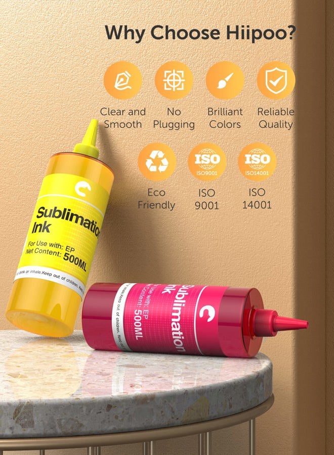 Hiipoo زجاجات حبر السوبليماشن سعة 2000 مل معاد تعبئتها تعمل مع طابعات WF7710 ET2760 ET2720 ET2803 ET2800 ET15000 C88 C88+ للطباعة النافثة للحبر ونقل الحرارة على الأكواب والأطباق والقمصان والوسائد وحافظات الهواتف - Image 3
