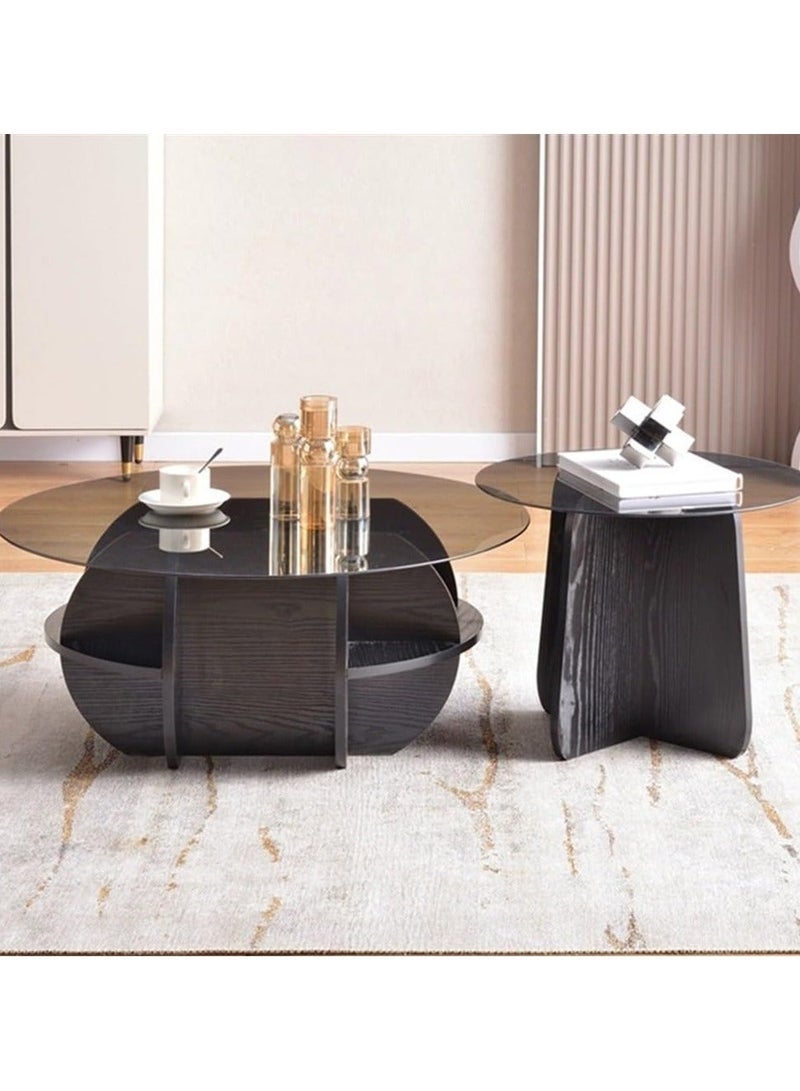 WALALLA Modern Round Unique Accent Glass Top Coffee Table Set of 2 70+50cm Black with Storage Compartments Space-Saving Nesting End Tables for Small Spaces Living Room Bedroom, Sturdy Wood Frame Multi-Functional Furniture - Image 5