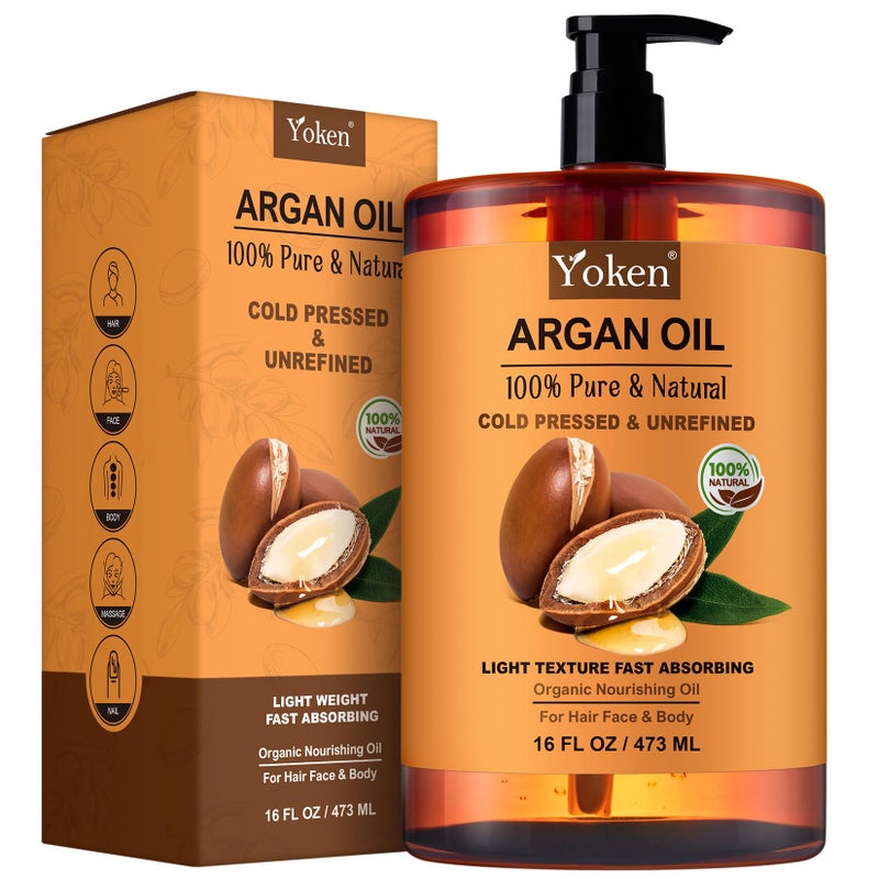 Yoken Argan Oil for Hair, Pure and Natural Morocco Argan Oil, Argon Oil For Hair, Scalp, Face & Skin Care, 100% Cold Pressed Hair Conditioner, Unrefined Argon Nails Carrier Oil (16 Fl Oz) - Image 1