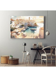 Home Gallery Painting harbor with boats lighthouse background Printed canvas wall art  - Image 1