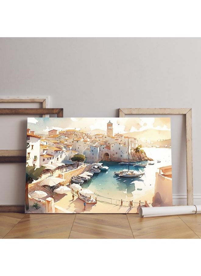 Home Gallery - Painting harbor with boats lighthouse background Printed canvas wall art - Image 1