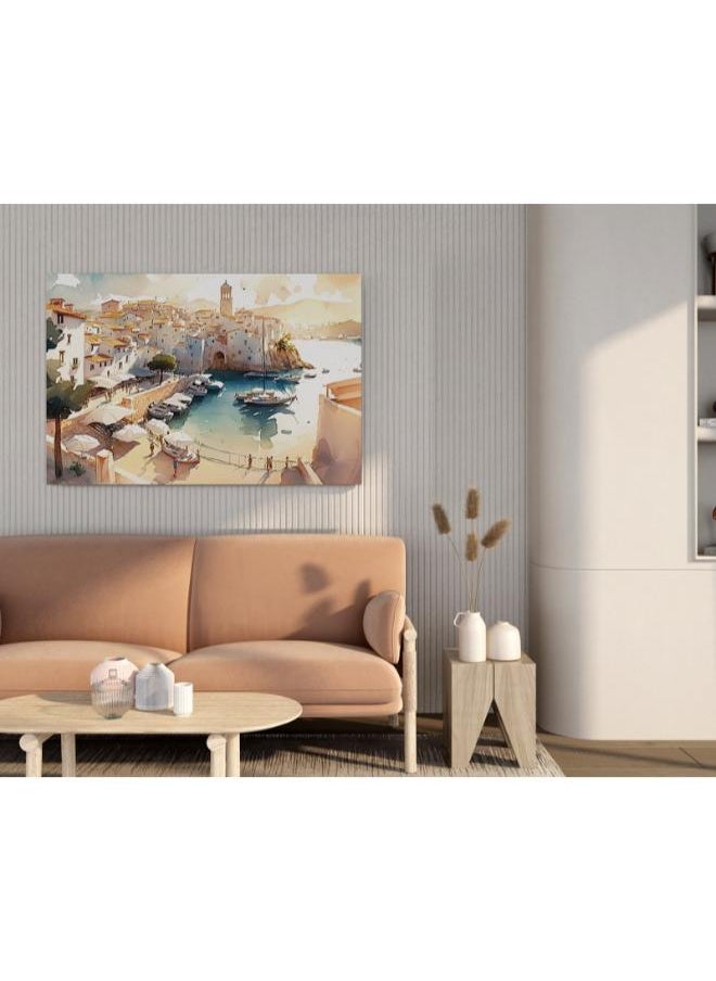 Home Gallery - Painting harbor with boats lighthouse background Printed canvas wall art - Image 1
