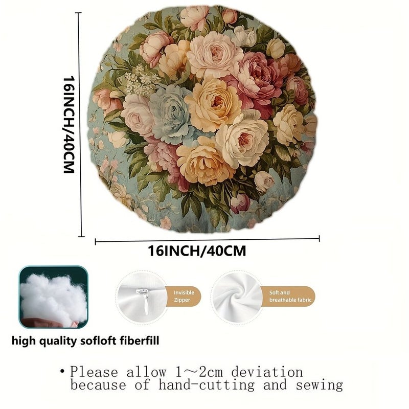 Vintage Floral Circular Stuffed Pillow Insert 16x16 Inch For Home Office Decor - Image 2