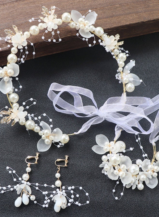 Lemon 3 Pcs Flower Girl Headpiece, With Earhook, Bracelet White Pearl Flower Headband Hair Accessories For Women and Girls For Bridal Wedding - Image 1