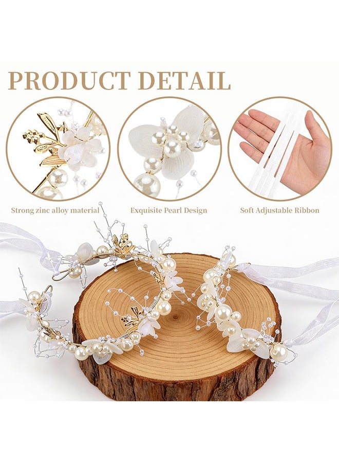 Lemon 3 Pcs Flower Girl Headpiece, With Earhook, Bracelet White Pearl Flower Headband Hair Accessories For Women and Girls For Bridal Wedding - Image 4