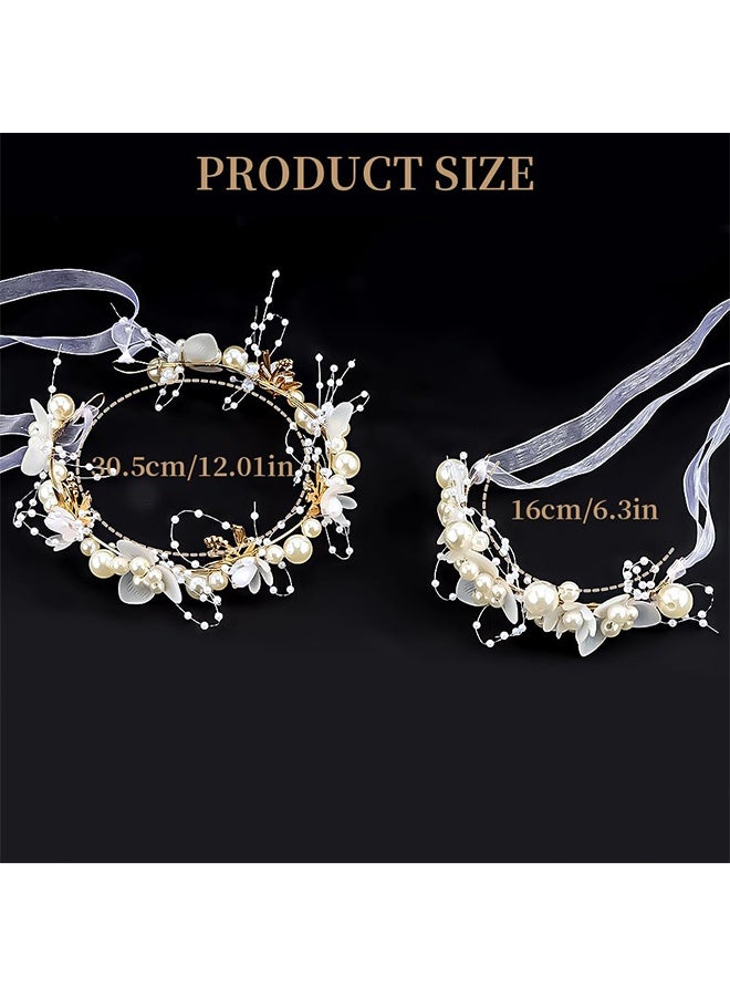 Lemon 3 Pcs Flower Girl Headpiece, With Earhook, Bracelet White Pearl Flower Headband Hair Accessories For Women and Girls For Bridal Wedding - Image 3