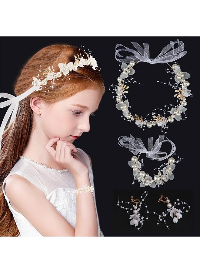 Lemon 3 Pcs Flower Girl Headpiece, With Earhook, Bracelet White Pearl Flower Headband Hair Accessories For Women and Girls For Bridal Wedding - Image 2