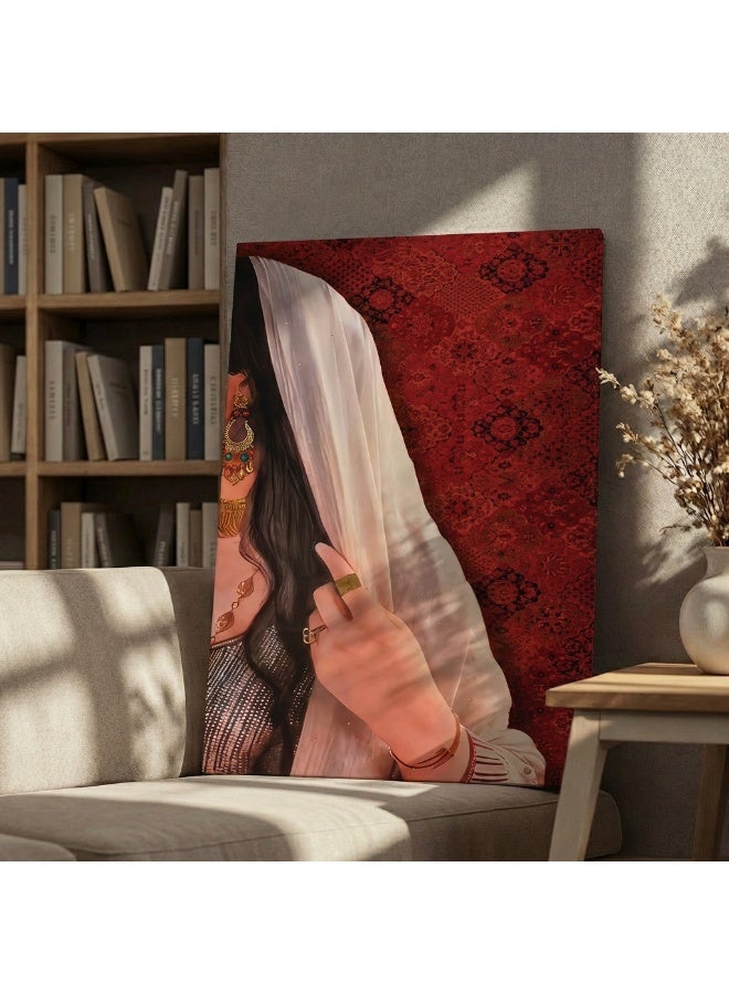 لوحاتي لوحة جدارية كانفس فتاة بخلفية نقوش السدو احمر وابيض - Image 2
