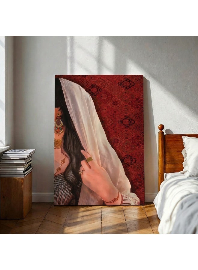لوحاتي لوحة جدارية كانفس فتاة بخلفية نقوش السدو احمر وابيض - Image 4