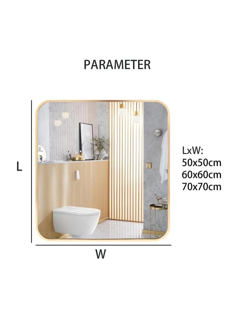 مرآة حمام مثبتة على الحائط بزوايا دائرية مرآة مكياج عمودية أو أفقية معلقة لجدار طاولة الزينة في الحمام وغرفة النوم (70 * 70 سم، ذهبي) - Image 2