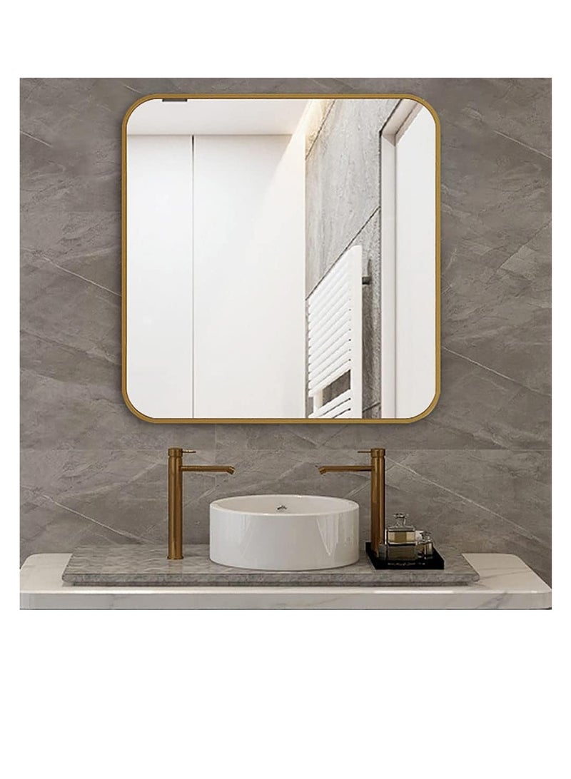 مرآة حمام مثبتة على الحائط بزوايا دائرية مرآة مكياج عمودية أو أفقية معلقة لجدار طاولة الزينة في الحمام وغرفة النوم (70 * 70 سم، ذهبي) - Image 3
