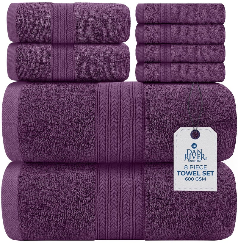 DAN RIVER 8 PC Luxury Bath Towels for Bathroom 2 Bath 2 Hand and 4 Wash Cloths 600 GSM 100 Ring Spun Cotton Towel Set Highly Absorbent Gym Hotel and Spa Purple