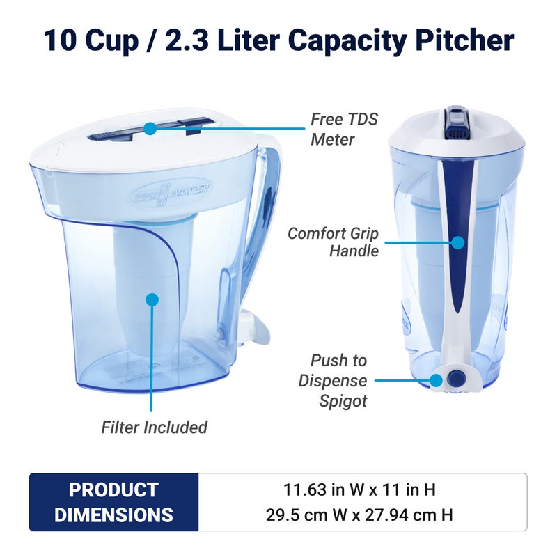 ZeroWater زيرووتر 10 كوب جاهز للصب 5 مراحل فلتر مياه إبريق 0 TDS لتحسين طعم مياه الصنبور - معتمد من IAPMO لتقليل الرصاص والكروم وPFOA/PFOS - Image 3