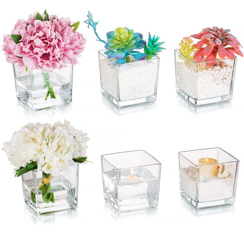 Square Glass Vases Set of 6  Hewory 5x5 Clear Cube Flower Vase Candle Holders for Wedding Centerpieces Home Decor Events Party Ceremony Not Include Flower and Candle