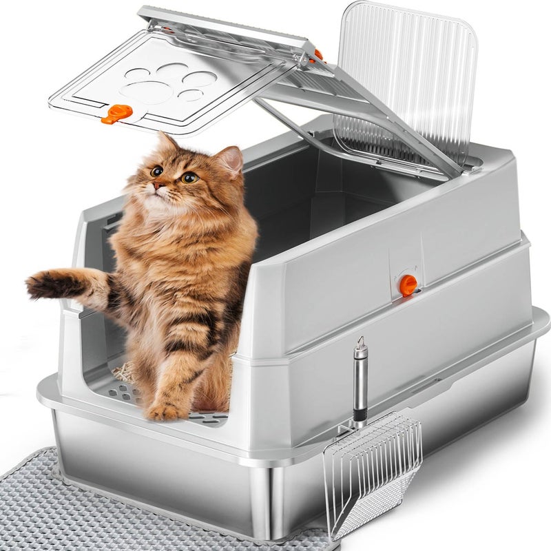 Lobeve Stainless Steel Litter Box with lid165 FlipTop Large Enclosed Cat Litter Box with Metal Litter Scoop Cat Litter MatNonSticky NonOdor Easy CleaningLight Gray - Image 2
