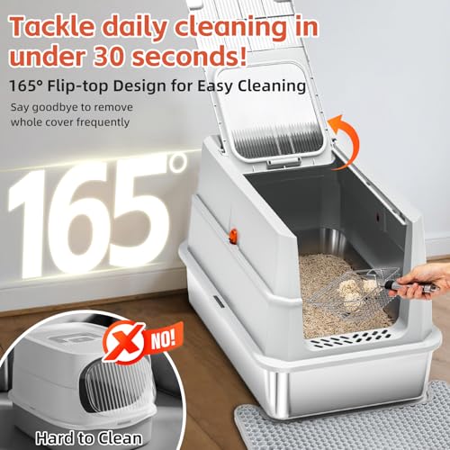 Lobeve Stainless Steel Litter Box with lid165 FlipTop Large Enclosed Cat Litter Box with Metal Litter Scoop Cat Litter MatNonSticky NonOdor Easy CleaningLight Gray - Image 3