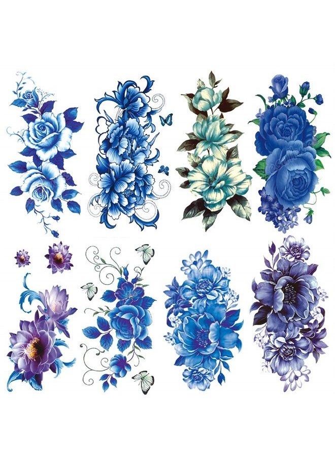 Yesallwas 8 Sheets Blue Fake Rose Tattoo Temporary Flower Tattoos for Women Waterproof Shoulder Beautiful Flower Tattoo Designs  - Image 1