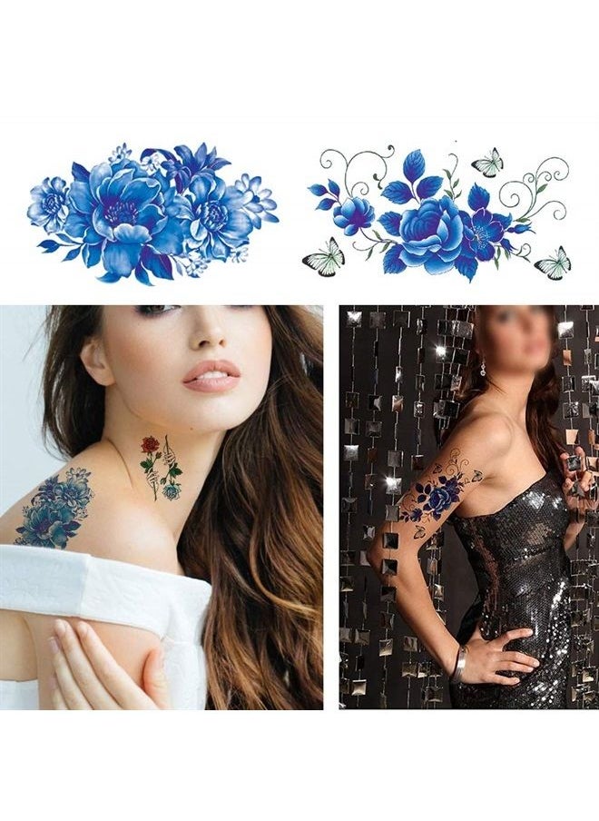 Yesallwas 8 Sheets Blue Fake Rose Tattoo Temporary Flower Tattoos for Women Waterproof Shoulder Beautiful Flower Tattoo Designs  - Image 3