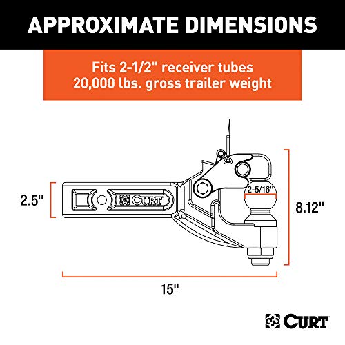 CURT 48012 Pintle Hitch with 2-5/16-Inch Trailer Ball, Fits 2-1/2-Inch Receiver, 20,000 lbs, 15-Inch Length - Image 2
