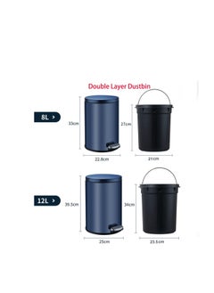 Generic Stainless Steel Double Layer Dustbin with Pedal and Lid For Bathroom Kitchen,Silent Lidded Trash Bin,Fingerprint-Proof Modern Garbage Can, Round Bucket with Handle for Home Office (Black, 12L)  - Image 3