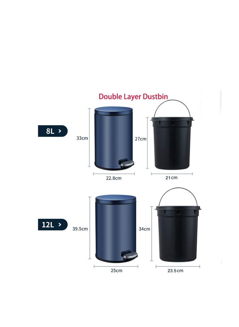Generic - Stainless Steel Double Layer Dustbin with Pedal and Lid For Bathroom Kitchen,Silent Lidded Trash Bin,Fingerprint-Proof Modern Garbage Can, Round Bucket with Handle for Home Office (Black, 12L) - Image 1
