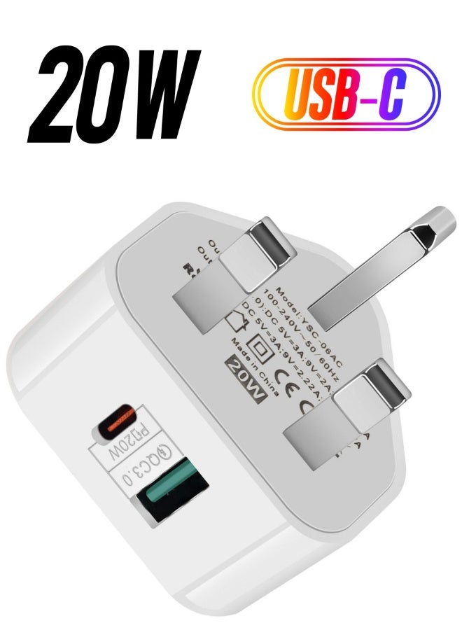 USB C Plug Fast Charge Plug, 20W USB Type C and USB Wall Plug Power Adapter UK Fast Charging for iPhone 14/14 Pro/14 Pro Max/13/13 Pro/13 Pro Max/12/12 Pro/12 Pro Max/11/11 Pro,iPad,Samsung  - Image 1