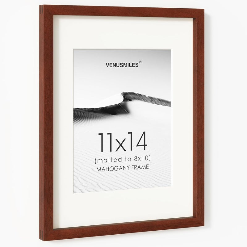 Venusmiles إطار صور 11x14 بوصة، خشب ماهوغاني طبيعي من الولايات المتحدة، إطار صور مجمّع مع زجاج مقسّى عالي الوضوح، إطار خشبي بسيط حديث 11x14 مع حافة داخلية مقاس 8x10، تعليق عمودي وأفقي على الحائط - Image 1