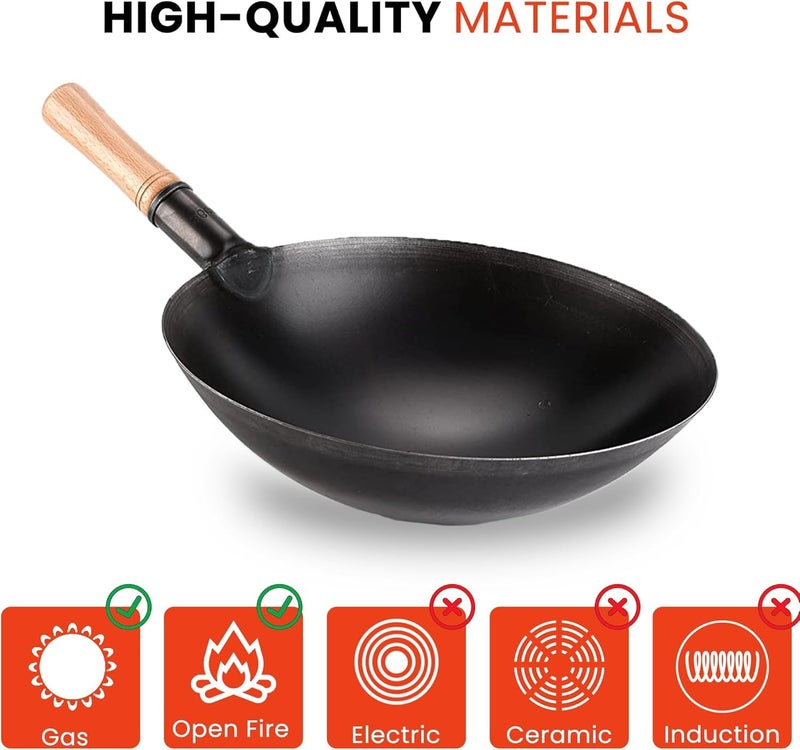 PAUL SONS Hospitality Wok Pan Woks Black Carbon Steel Stir Fry Pans Gas Cooktop No Chemical Coated Round Bottom Chinese WokSize 14Inch Pack of 1Pc - Image 5