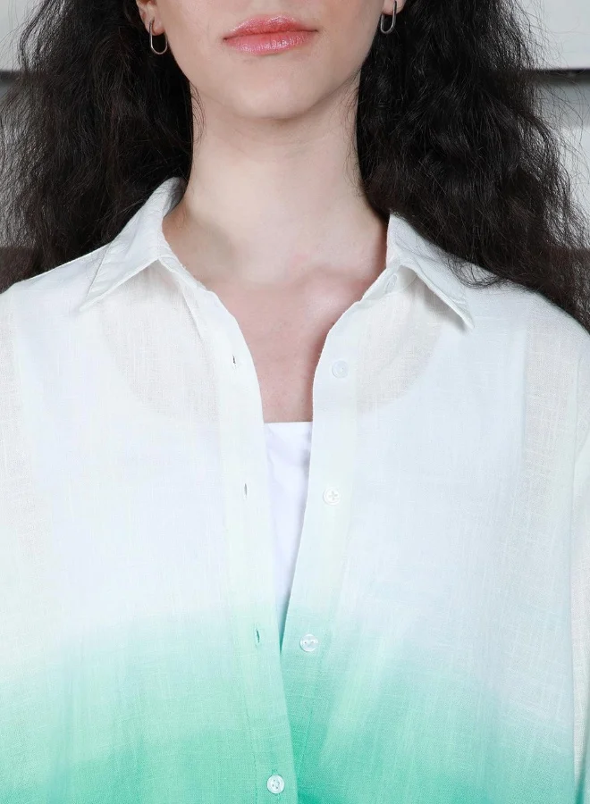 هاي ستار Women's Green 100% Cotton Printed Button Down Boxy Shirt
