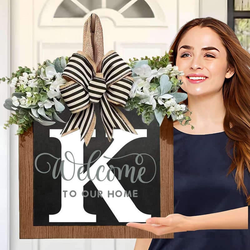 Yostyle Last Name Welcome Sign for Front Door Wreath All Year Round Decorations Front Porch Decor Hanging Gift for Farmhouse Home Outdoor and Indoor (K) - Image 1