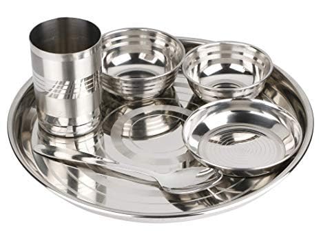 INDOROX Dinner Set Stainless Steel Pack of 5 PCs- 1 Full Plate, 1 Veg-Bowl, 1 Desert-Halwa Plate, 1 Drinking Glass, 1 Spoon