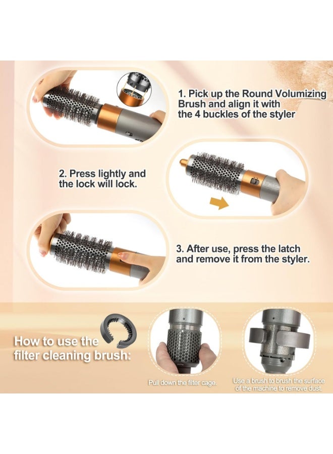 جولة حجم فرشاة النيكل / النحاس وفرشة تنظيف الفلتر لـ Dyson Airwrap Hair Styler Limp Flat Hair Volumizer Attachment Tool - Image 5