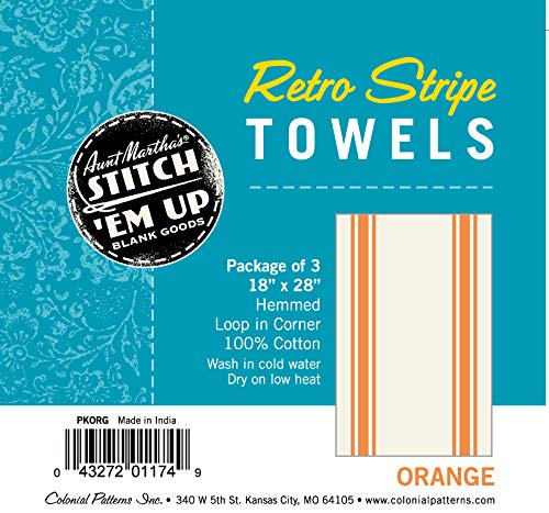 Aunt Martha's Stitch 'Em Up Vintage Box Stripe Towels, 18 by 28-Inch, Orange on Natural, 3-Pack - Image 2