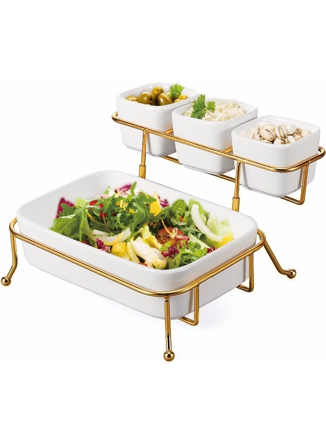 Orchid طقم أوعية تقديم مكون من 4 قطع من أوركيد مع حامل ذهبي، طبق سيراميك للفاكهة الطازجة مع رف معدني، صينية فواكه مجففة، طبق وجبات خفيفة، طبق شواء، صينية وجبات خفيفة، رقائق وأطباق صلصة للبسكويت (Dtc22431G) - Image 1