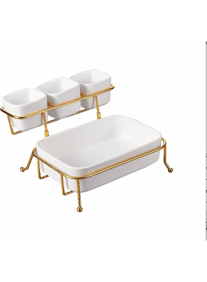 Orchid طقم أوعية تقديم مكون من 4 قطع من أوركيد مع حامل ذهبي، طبق سيراميك للفاكهة الطازجة مع رف معدني، صينية فواكه مجففة، طبق وجبات خفيفة، طبق شواء، صينية وجبات خفيفة، رقائق وأطباق صلصة للبسكويت (Dtc22431G) - Image 2