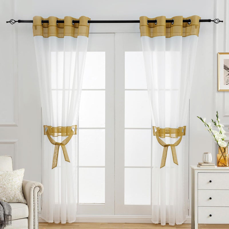 L.Z.E White and Gold Sheer Curtains 84 Inches Long 2 Panels Set for Living Room Dining Room, White Sheer Curtains with Design, Elegant Grommet Transparent Voile Window Curtain Panels - Image 1
