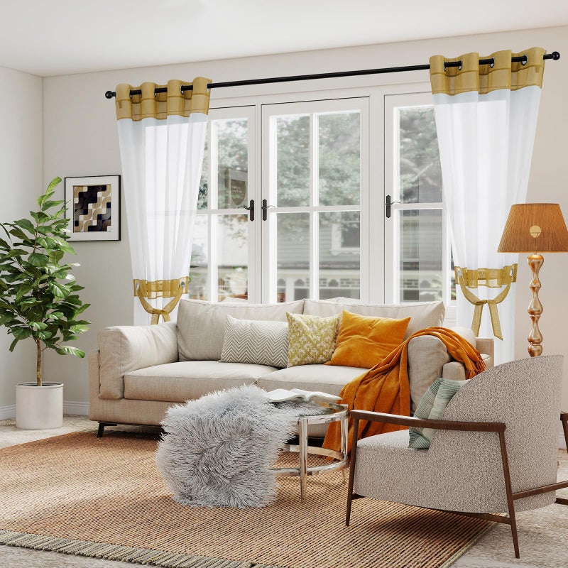 L.Z.E White and Gold Sheer Curtains 84 Inches Long 2 Panels Set for Living Room Dining Room, White Sheer Curtains with Design, Elegant Grommet Transparent Voile Window Curtain Panels - Image 2