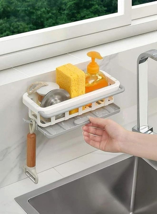 CRADIAX Plastic Two Tone Hanging Drain Rack Retractable Storage Rack Sponge Drain Tray Kitchen Bathroom Sink Tray with Drying Basket Kitchen Storage Organizer, Multicolour - Image 1