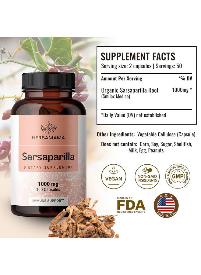 HERBAMAMA Sarsaparilla Root Capsules Organic Sarsaparilla Root Powder Pills Smilax Medica Herb Supplement 1000Mg 100 Caps - Image 2