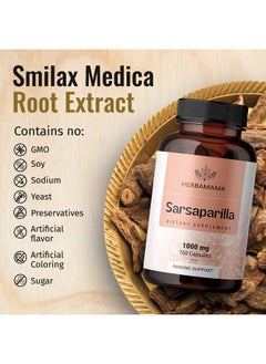 HERBAMAMA Sarsaparilla Root Capsules Organic Sarsaparilla Root Powder Pills Smilax Medica Herb Supplement 1000Mg 100 Caps  - Image 3