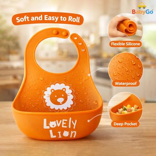 BabyGo Silicone Baby Bib for Feeding & Weaning Infants & Toddlers |Waterproof, Washable & Reusable | Adjustable, Lightweight & Foldable Bib with Food Catcher Pocket |Light Orange (Pack of 1) - Image 3